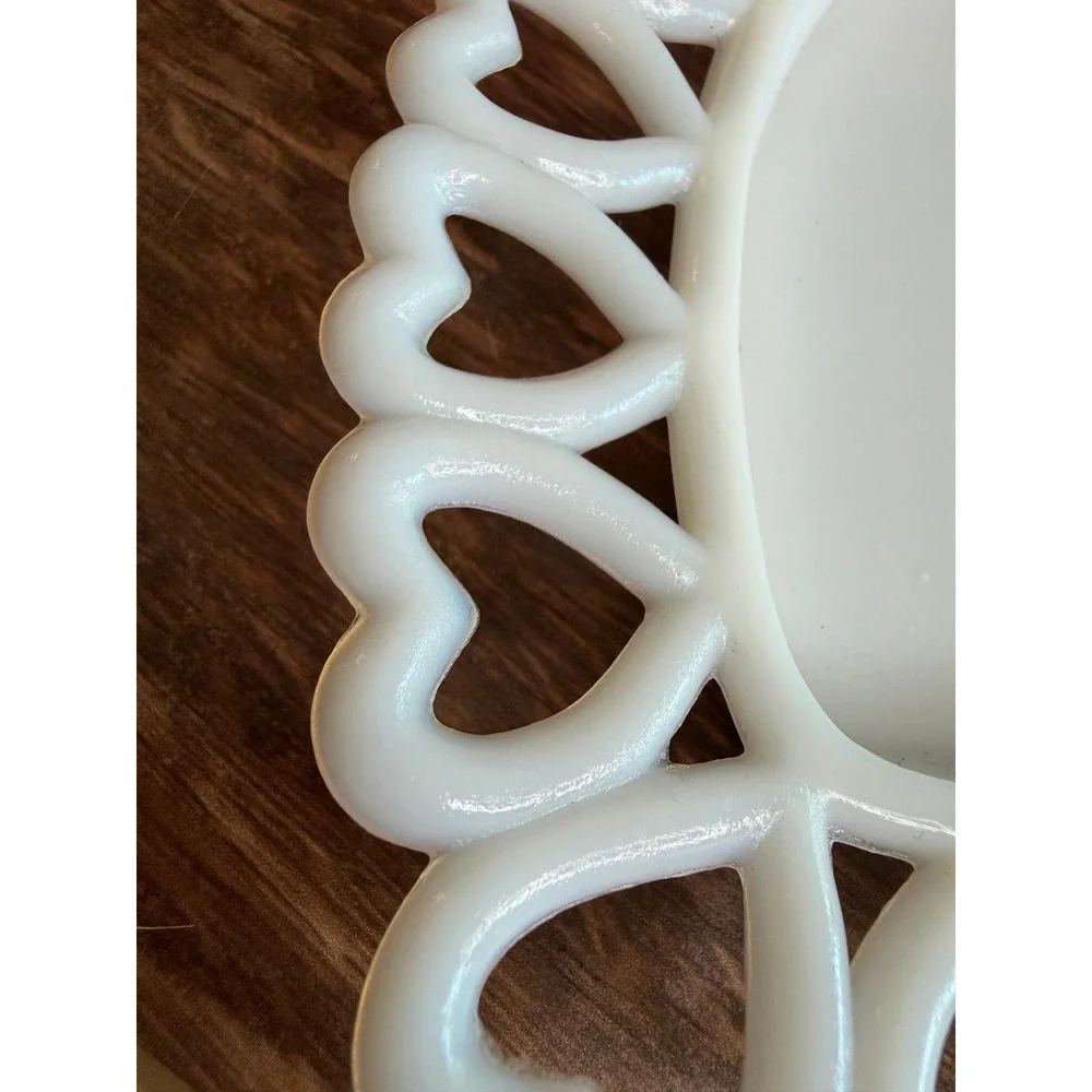 Vintage Westmoreland Milk Glass Heart Lace Plate White Openwork Trinket Dish